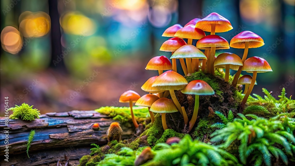 Wall mural Multicolored fungi growing on a moss-covered log, fungi, mushrooms, colorful, vibrant, nature, forest, mushrooms, fungus