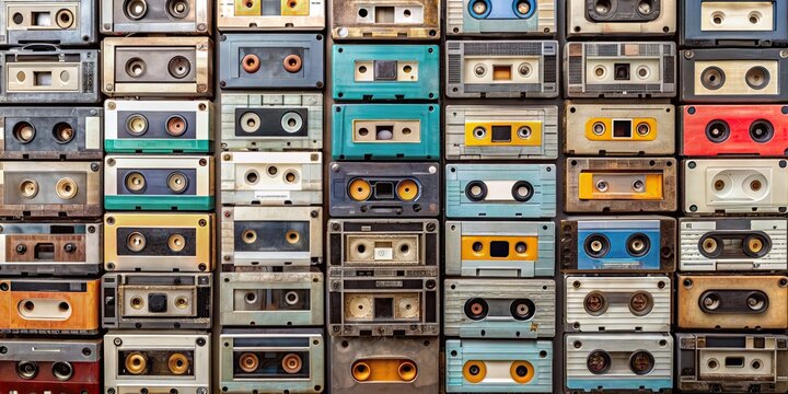 Top view of a collection of audio cassettes in Giurgiu, Romania , audio cassettes, retro, vintage, music