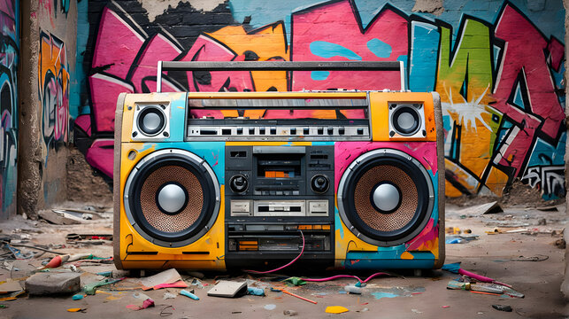 Embrace nostalgia with this retro boombox against a graffiti wall. A musical lifestyle awaits, inviting relaxation and mindfulness.