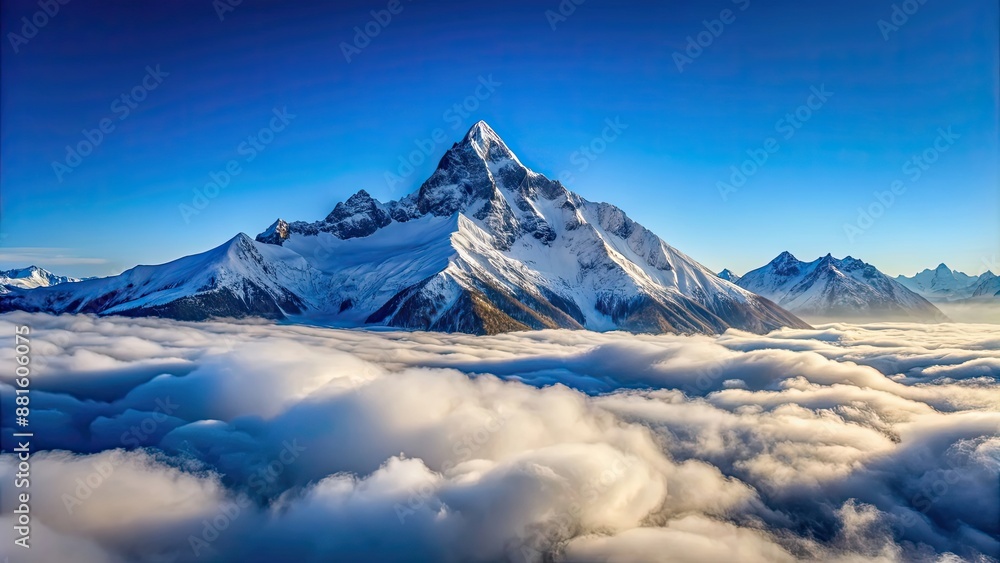 Wall mural Snow-capped mountain peak above clouds on clear blue day, capturing serene winter beauty, snow, mountain, peak, winter, snow-capped