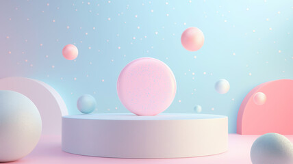 3d Render, Abstract Surreal pastel landscape with arches and podium for showing product, panoramic view, surround by Colorful planet and dune scene with copy space, cloudy, Minimalist design