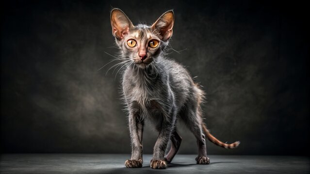Wide shot of a Lykoi cat standing, studio portrait.