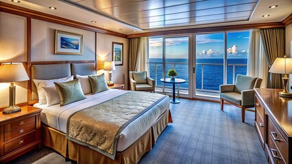 Luxurious cruise ship stateroom suite with balcony overlooking ocean , travel, vacation, cruise ship, suite