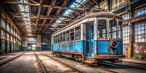 Obraz premium Rusty blue tram left in abandoned factory, rusty, blue, tram, abandoned, factory, vintage, old, decay, broken