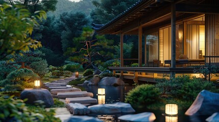 Naklejka premium Typical Japanese gardens at first light in the morning. Warm vibes. House lights on. copy space for text.