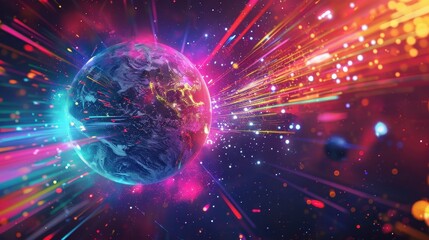 Technicolor Virtual World: Abstract Futuristic Digital Landscape with Vibrant Planet Hues