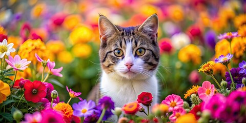 Cute cat surrounded by colorful flowers, cat, cute, flowers, pet, adorable, feline, floral, colorful, nature, domestic, whiskers