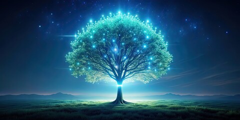 Futuristic glowing tree symbolizing nature's resilience in a technology-filled world, futuristic, glowing, tree