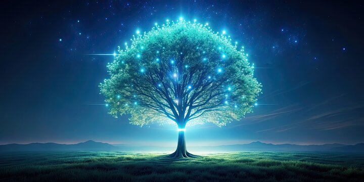 Futuristic glowing tree symbolizing nature's resilience in a technology-filled world, futuristic, glowing, tree