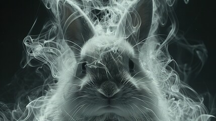   A monochrome image depicts a rabbit with smoke emanating from its front ears