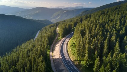 Winding Through Nature: Aerial View of a Forest Road Climbing the Mountain"