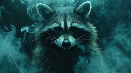 Naklejka premium A close-up photo of a raccoon's face, with heavy smoke emanating from its nostrils
