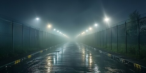 Midnight road or alley with wet asphalt and metal fences.