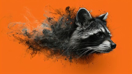 Obraz premium Painting of Raccoon with Black and White Smoke on Orange Background