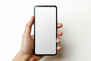 Smartphone mockup on hand with white blank screen created with Generative AI