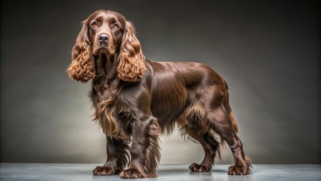 Wide shot of a Field Spaniel standing, studio portrait.