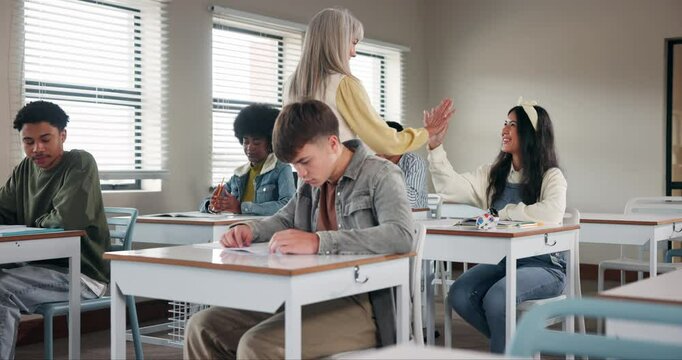 Students, teacher and results for test in classroom with learning, education and brain development. Female educator, scholarship and giving paper for assessment, grade and english exam in academy