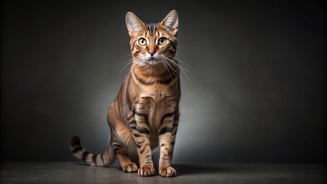 Wide shot of a Sokoke cat standing, studio portrait.
