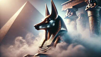 Fototapeta premium A mystical fog enveloping the Anubis statue, with only parts of it visible through the mist.