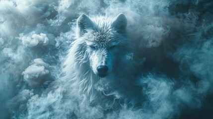   A white wolf emerges from the haze of blue and white smoke at the image's center