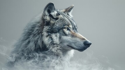  A close-up of a wolf's face with smoke billowing from its mouth