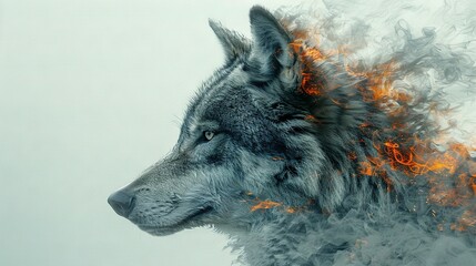  A fierce wolf's head emits an intense fire from its back against a pristine white background