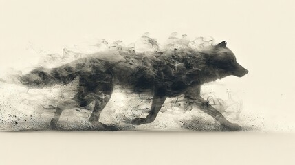   A monochrome image depicting a wolf emitting significant smoke from its rear legs