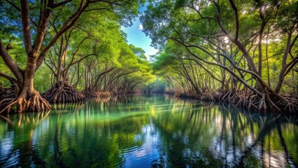 Enchanting and mysterious mangrove forest surrounded by a veil of secrets, mangroves, mystical, nature, trees, swamp