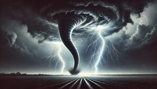 A dramatic image of two tornadoes forming side by side, with intertwining paths and dramatic lightning strikes between them.