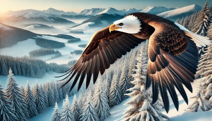 A majestic bald eagle flying over a snowy forest or mountain landscape, close-up shot with detailed feathers and sharp eyes.