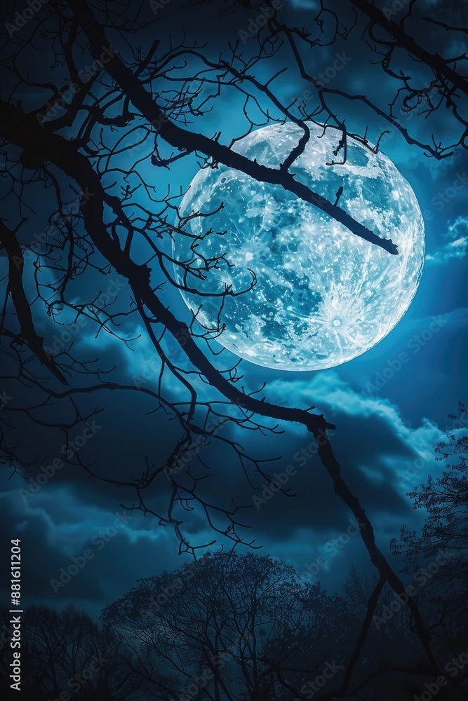 Wall mural large blue moon is shining through branches of tree