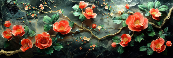 パネルの壁アート、壁の装飾、花のデザインの大理石の背景