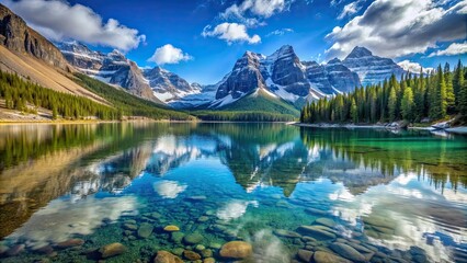 Crystal clear lake, surrounded by snowy mountains in Banff National Park, Lake Louise, Banff, Alberta, Canada