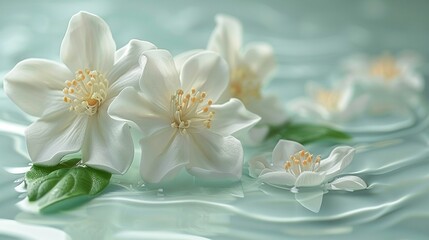 Fototapeta premium White flowers float atop water with lush greenery on the shore