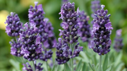 Obraz premium A close-up of a field of lavender flowers with a blurred green and yellow background