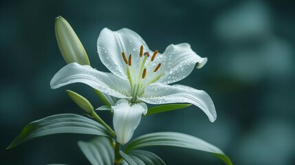 Fototapeta premium Close-up of a white lily with water droplets on its petals against a green, leafy backdrop