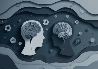 Two human heads with gears and cogs in the background. AI.