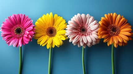   Colorful flowers line a blue wall, with green stems supporting yellow and pink blossoms