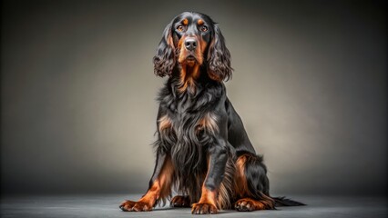 Wide shot of a Gordon Setter sitting, studio portrait.