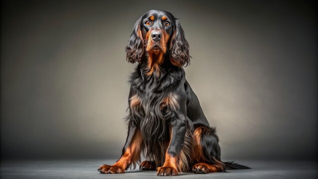 Wide shot of a Gordon Setter sitting, studio portrait.