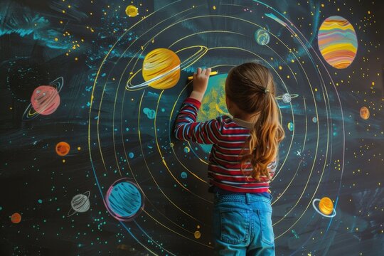 Children sketching a solar system model on a large canvas, space theme, vibrant colors, playful mood, detailed illustration, high resolution