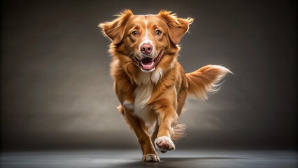 Wide shot of a Nova Scotia Duck Tolling Retriever running, studio portrait.