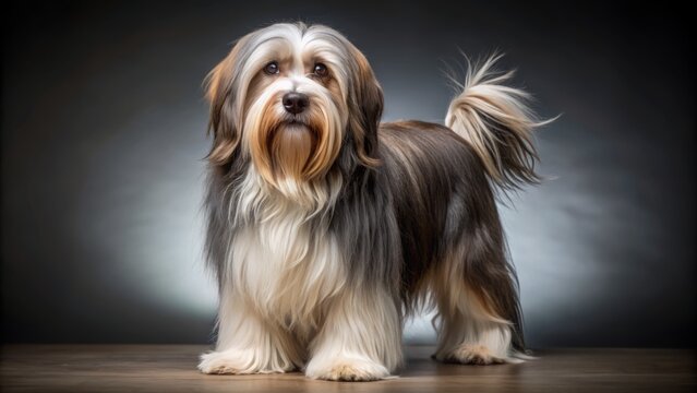 Wide shot of a Lowchen standing, studio portrait.