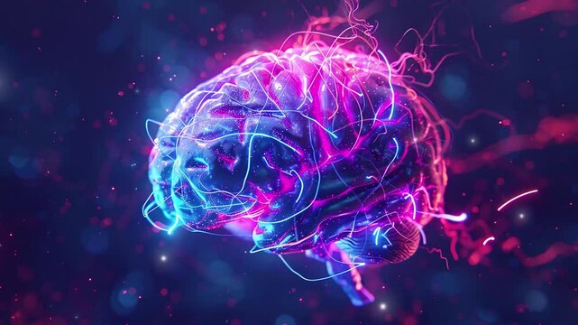 A hologram of a human brain. 3D rendering of a glowing brain. Artificial Intelligence concept. Brain futuristic technology. Electric brain. Artificial intelligence digital brain. Copy space area