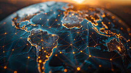 A glowing digital network overlaid on a view of Earth from space, depicting global connectivity and communication lines at sunset.