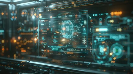 The interface of a sophisticated artificial intelligence, featuring a holographic display with glowing touchpoints and data streams.