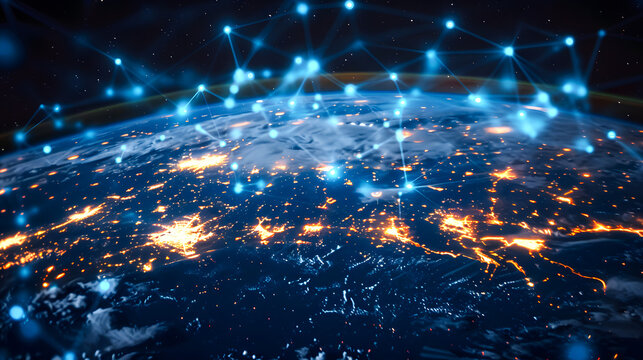 A glowing network of connections over Earth at night, symbolizing global communication, technology, and data exchange.