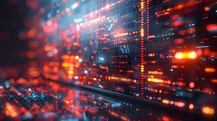 Obraz premium Abstract image of futuristic digital interface with red and blue lights, representing technology, data analysis, and cybersecurity.