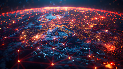 Aerial view of global digital network connections over Europe, depicting futuristic data communication technology and connectivity.