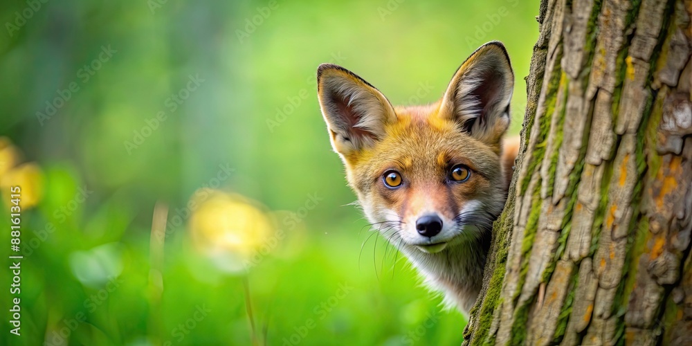 Poster Curious fox peeking out from behind a tree, fox, woodland, nature, tree, curiosity, peeking, wildlife, adorable, animal